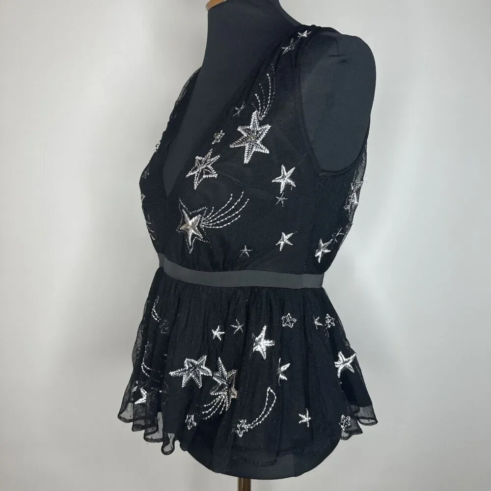 Vintage Express Embroidered Star Black Peplum VNeck Sheer Tank Rhinestones Sz 4 - Picture 5 of 13